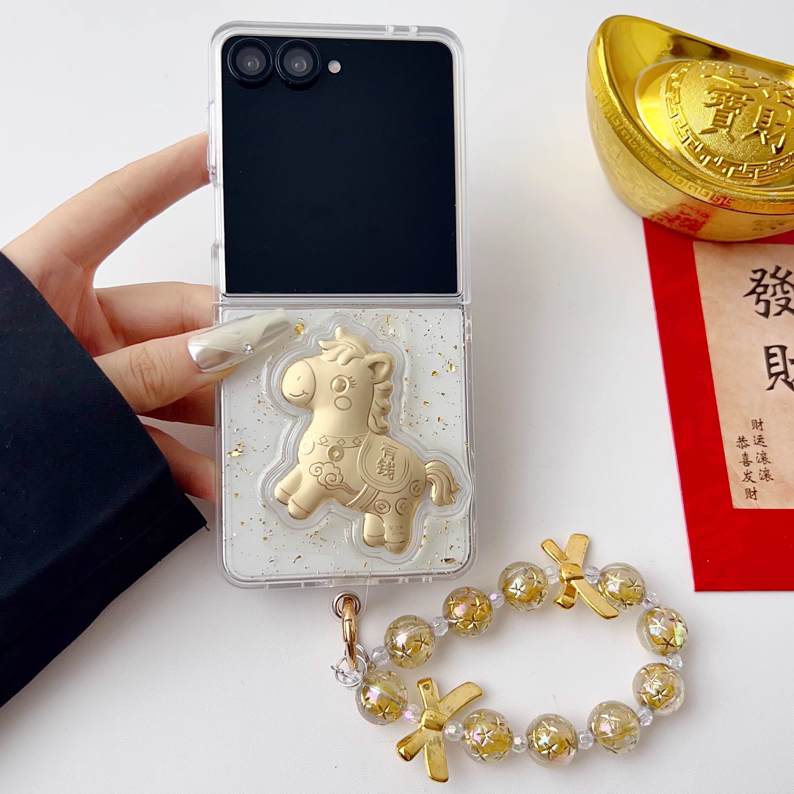 适用荣耀MagicVFlip2手机壳新款小米mixflip透明滴胶闪粉三星GalaxyZFlip7/6/5/4/3折叠屏防摔保护套创意喜庆