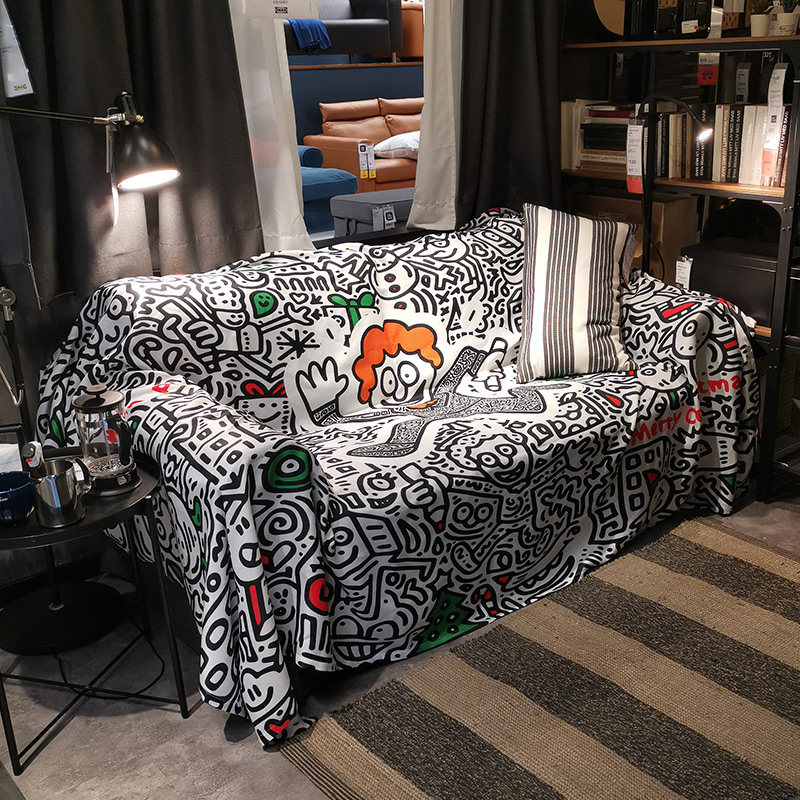 手绘卡通Mr.doodle涂鸦先生沙发全盖布靠背扶手巾 隔脏沙发垫罩子