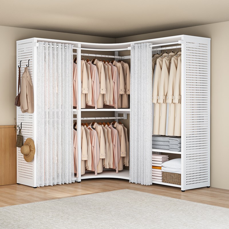 转角衣帽架多功能金属带防尘帘衣柜开放式衣帽间洞洞板挂衣架组合