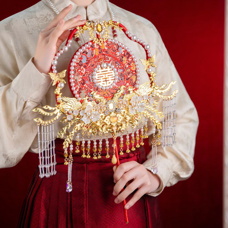 团扇diy材料包新娘结婚秀禾红色婚礼喜扇高级秀禾服出嫁婚礼扇子