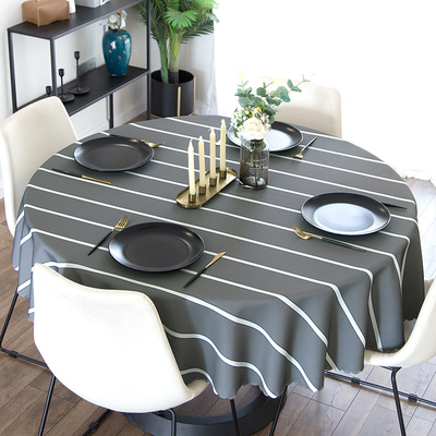 现代简约条纹横款灰色圆桌桌布防水防油隔热棉麻家用圆形餐桌布