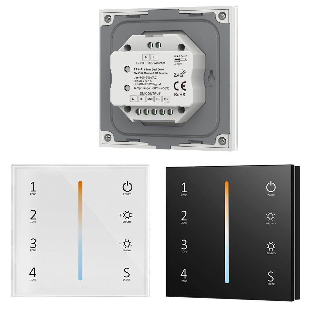 钢化玻璃触摸⾯板DMX主控T12-1 4区双⾊DMX512控制器和弦⾳指示灯