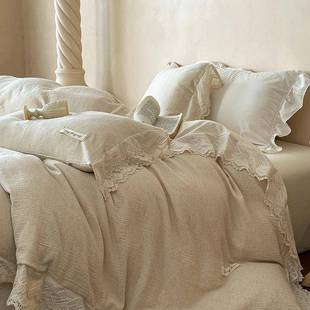 法式复古双层棉麻蕾丝花边四件套纯棉床单被套公主风床上用品1.8m