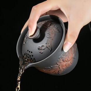 紫陶茶壶手抓壶大容量泡茶器单人功夫茶具盖碗家用陶瓷雕花不烫手