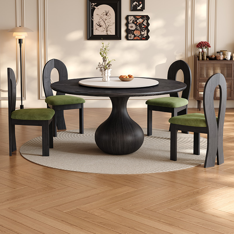 法式复古风圆桌带转盘中古风黑色全实木圆形餐桌6人8人家用小户型