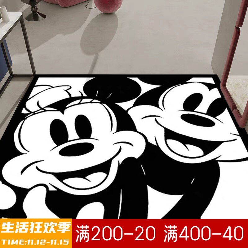 PVC可擦洗米奇米妮入户门垫黑白正方形皮革玄关地垫 懒人免洗家用