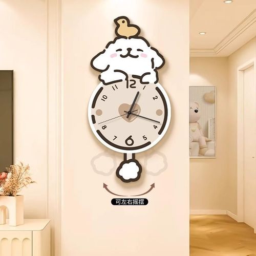 奶油风线条小狗客厅装饰画挂钟卡通时钟挂墙电视背景墙艺术钟表画
