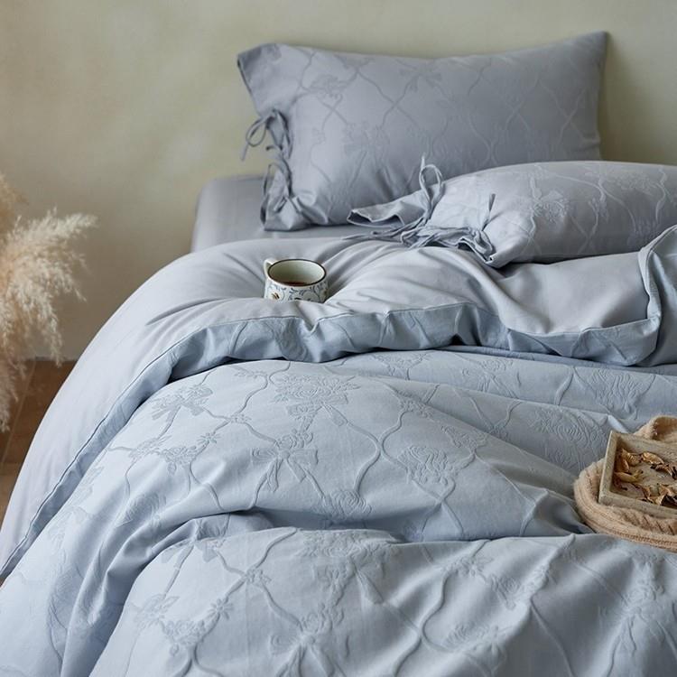 A类秋冬加厚全棉磨毛四件套浮雕提花纯棉被套床笠床上用品蓝紫色