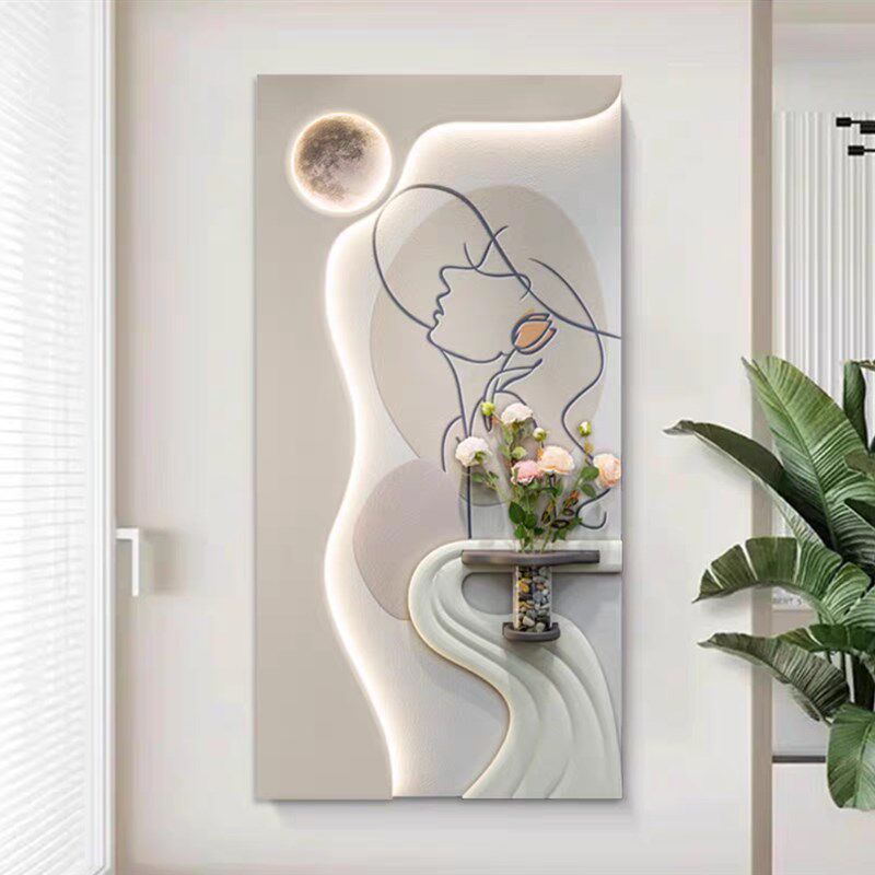 奶油风玄关装饰画竖版水培绿植挂画3D砂岩肌理画高级感艺术玄关画