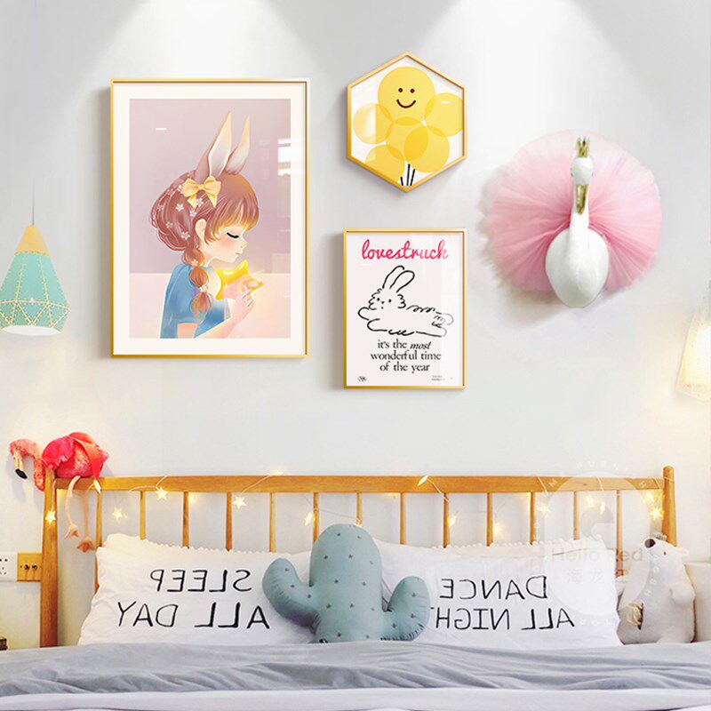 儿童房间装饰画卧室床头背景墙现代挂画粉色男孩创意布置女儿壁画