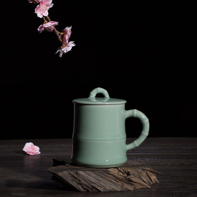 龙泉窑青瓷咏竹茶具带盖家用茶杯办公室杯会议杯礼品泡茶杯子水杯