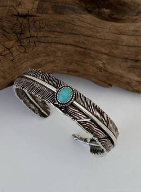 不银匠高桥纯银羽毛老鹰松石绿开口手镯个性复宽版09876同情古侣