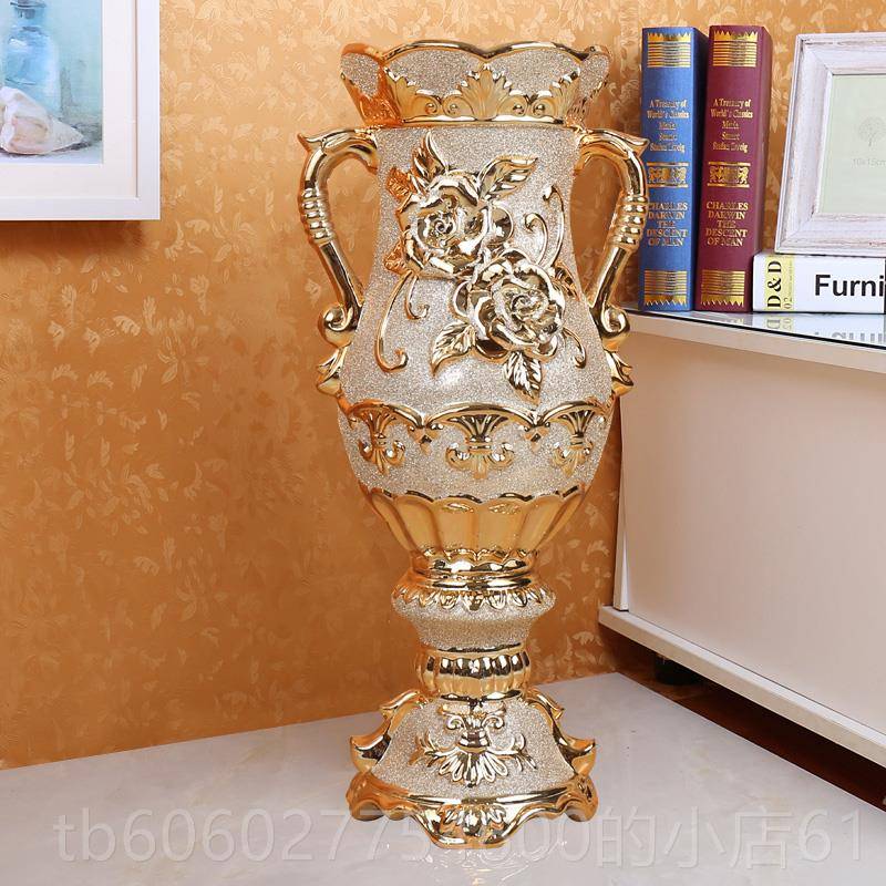 陶花瓷花瓶落地脚宽口金色奢华奖杯状881旁客厅电视柜器大号摆高