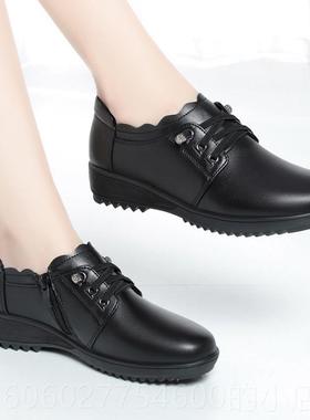 真鞋皮妈妈春秋新筋款平跟牛软底中老年UAA皮鞋防滑休闲鞋工作女