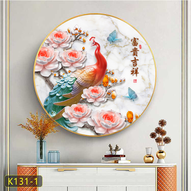 新中式圆形装饰画孔雀开屏客厅餐厅壁画玄关走廊挂画轻奢入户现代图片