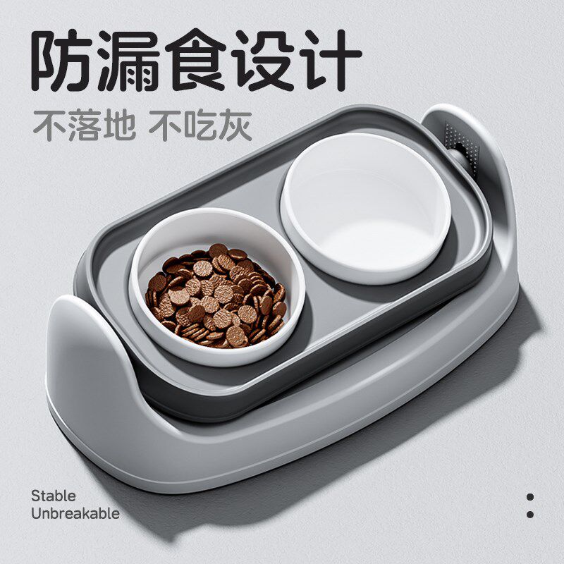 陶瓷猫碗食盆猫咪宠物斜口保护颈椎防打翻双碗盆防喝水喂食一体式