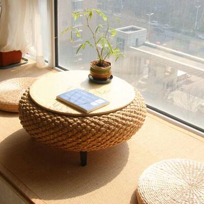 简编约藤圆小桌阳台客厅收飘窗桌子茶几985榻榻米矮桌窗台桌可纳