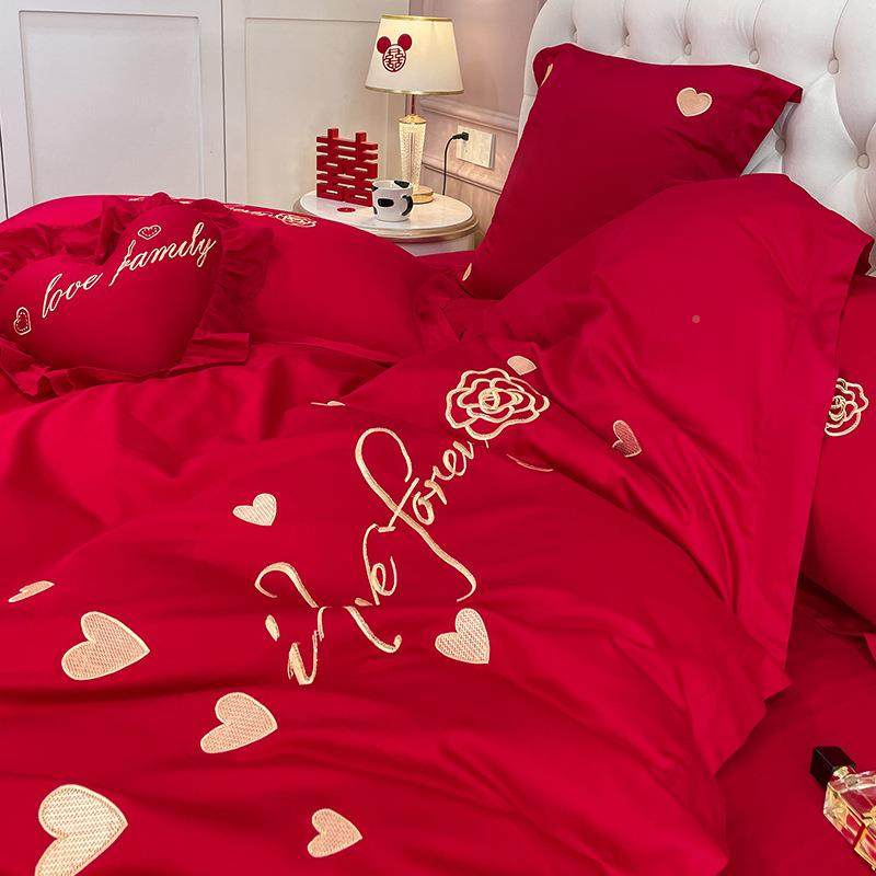 绒全长棉棉婚婚庆结婚四件套QSZ纯棉红色陪嫁房喜被子新婚礼床上