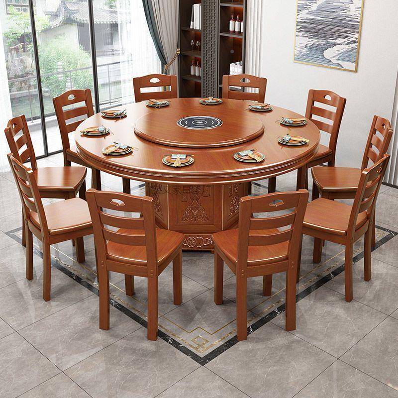 B1实木圆桌用PCS吃家桌子椅子组合可物中饭储式餐桌带转盘酒店饭