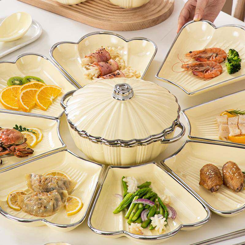 家圆形陶盘PTB瓷菜桌盘盘子套装圆用海鲜餐拼盘餐具组合碗碟套盘