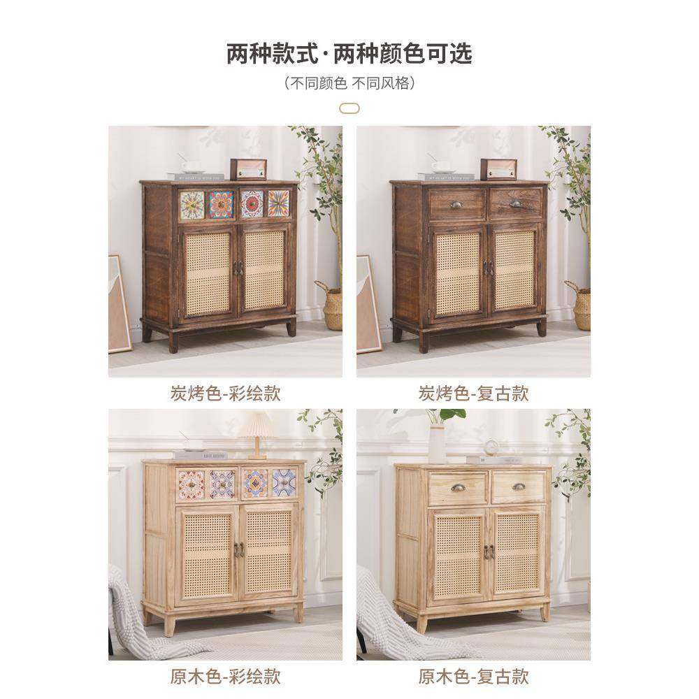 复古餐柜客用厅靠墙储物柜木子新中式实餐边柜家藤编斗柜备茶XQL