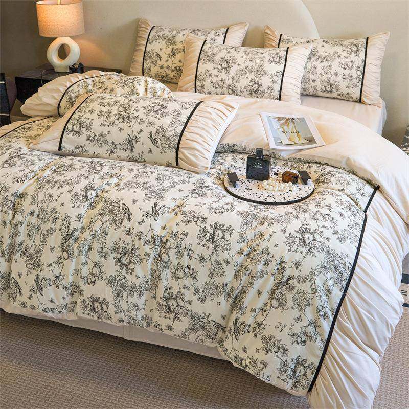 法式复水XFR洗棉四件套磨毛冬被套罩家用花边公主款秋风古床上三