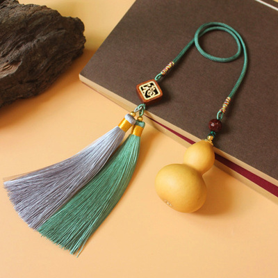 天然开口真葫芦镶嵌铜盖双流苏绿色穗子车挂件后视镜车内挂吊饰品