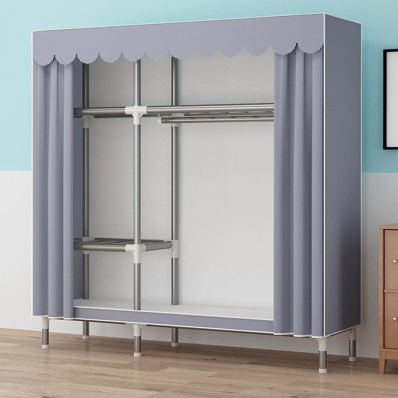 布衣柜全钢架加粗加厚家用卧室出租房简易衣柜组装钢管单人挂衣橱