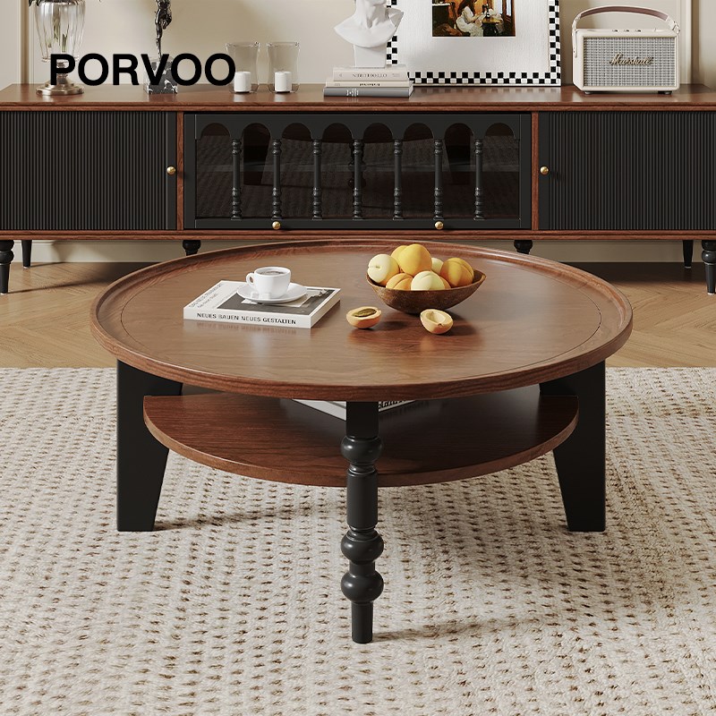 法式复古风全实木茶几圆形茶桌家用小桌子小户型客厅茶几2024新款