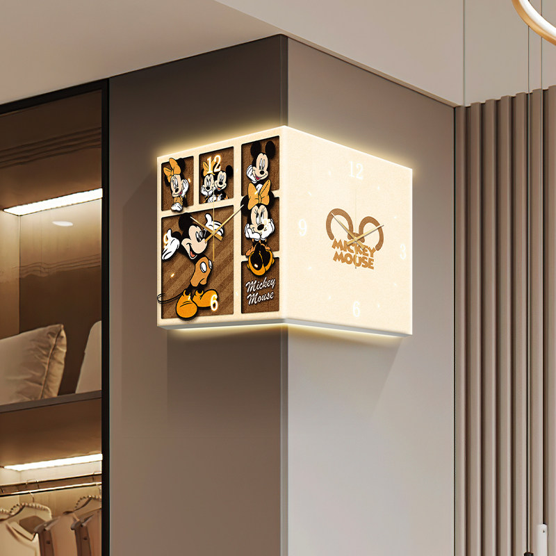 简约米奇转角挂钟双面阳角钟饰墙面钟画发光拐角时钟家用钟表墙饰