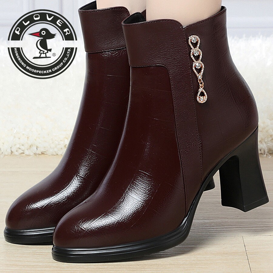 PLOVER时尚水钻粗跟短靴女冬季加绒保暖高跟时装靴优雅中年妈妈鞋