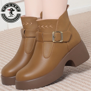PLOVER休闲皮带扣短靴女冬季厚底中跟保暖妈妈鞋时装靴舒适女士鞋
