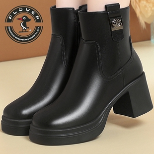PLOVER英伦风短靴女冬季粗跟防水台黑色气质时装靴小个子妈妈短靴