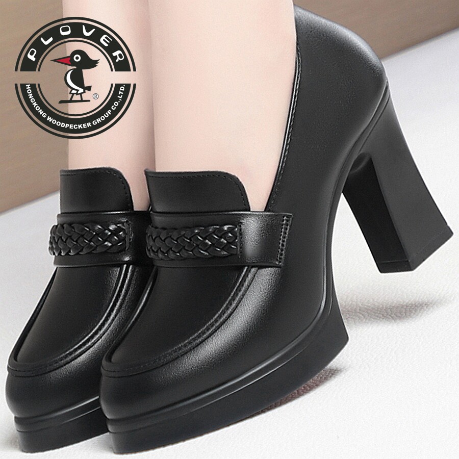 PLOVER黑色粗跟舒适女单鞋一脚蹬高跟不累脚女鞋耐磨品质妈妈鞋
