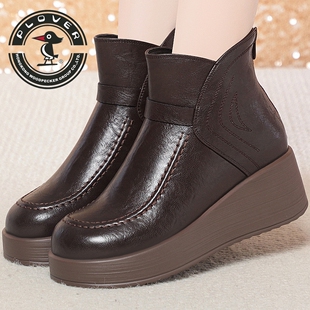 PLOVER英伦风短靴女秋冬加绒厚底坡跟圆头舒适时尚靴简约防滑女鞋