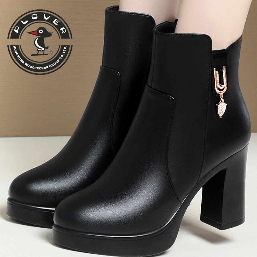 PLOVER时尚圆头粗跟高跟加绒短靴女冬季防水台单里气质妈妈靴子