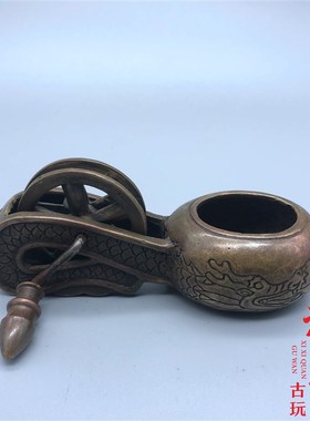 纯黄铜老古董清代双龙戏珠纹饰老墨斗老物件复古微雕古玩杂项收藏