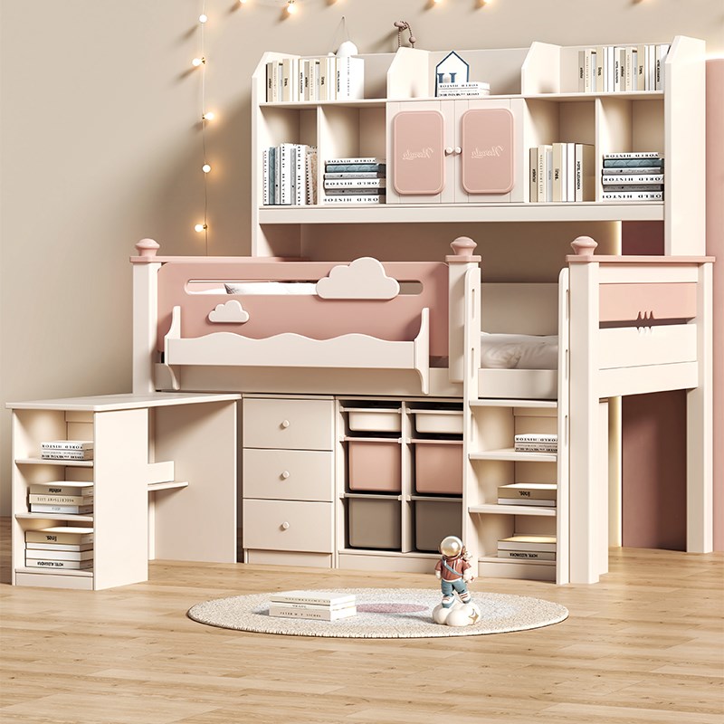 实木半高床衣柜一体儿童床带书桌女孩卧室粉色架子床小户型单人床