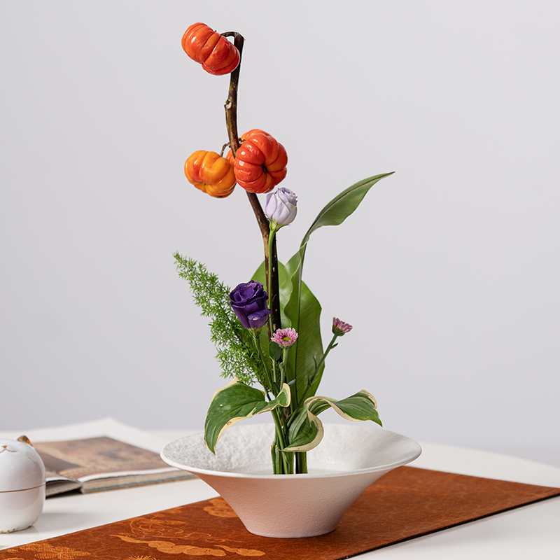 陶瓷花器浮雕岩石纹茶室茶席桌面高脚插花器皿中式插花底座剑山