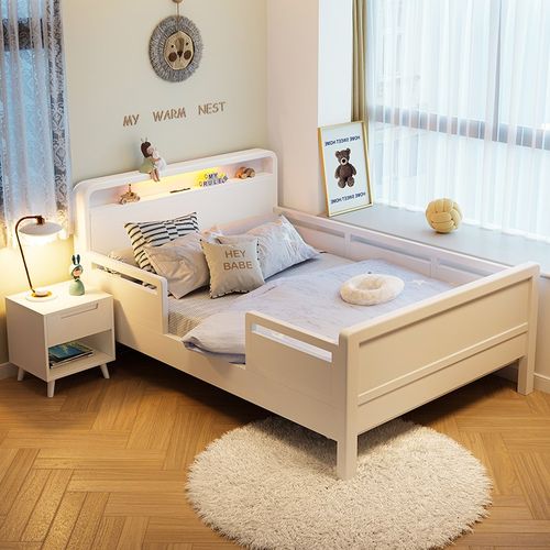 儿童实木床带护栏防摔男女孩床单人1米2床次卧1.5m白色围栏拼接床