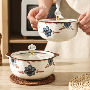 陶瓷双耳带盖碗家用大容量汤碗学生宿舍泡面双耳碗沙拉碗可微波炉