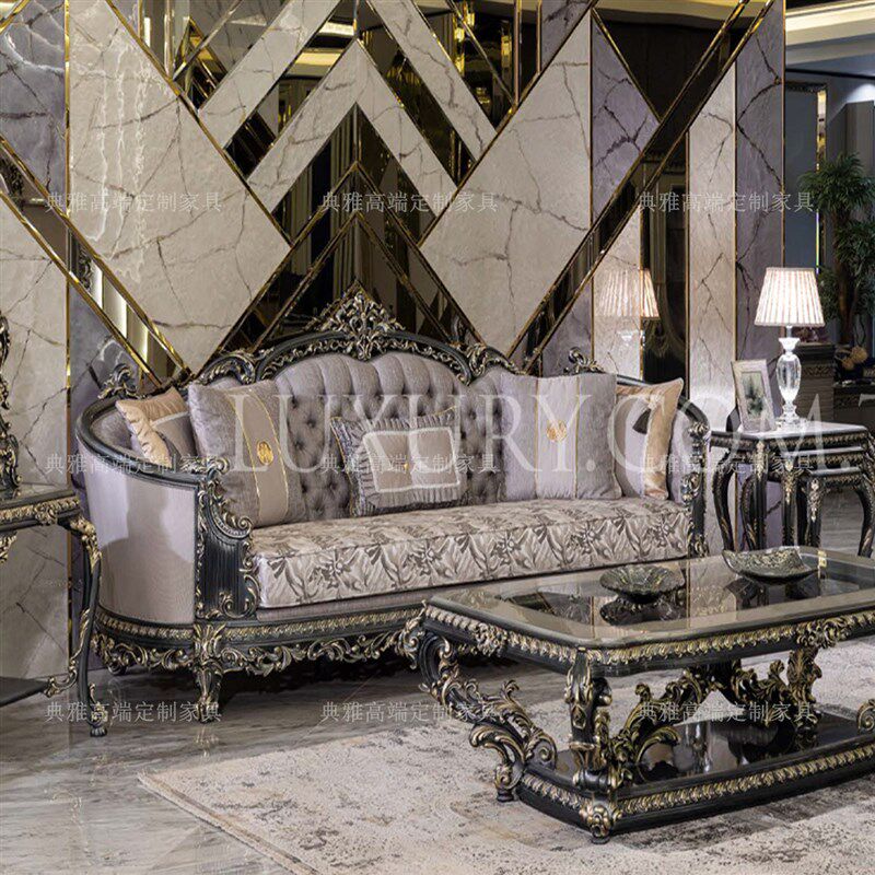 欧式实木雕花布艺沙发组别墅大户型高档客厅家具奢华高端宫廷茶几