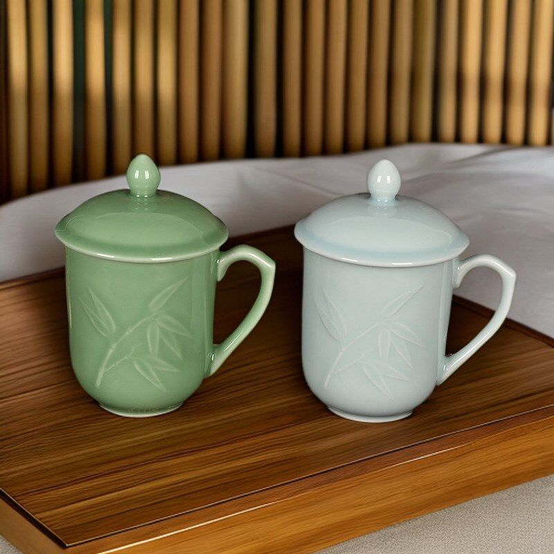 精品中式青瓷竹叶酒店宾馆会议茶杯 陶瓷有柄办公杯家用喝茶水杯