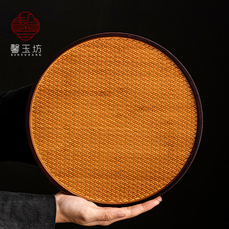 馨玉坊竹制仿席纹圆形干泡茶盘茶托盘家用小型泡茶台功夫茶具壶承