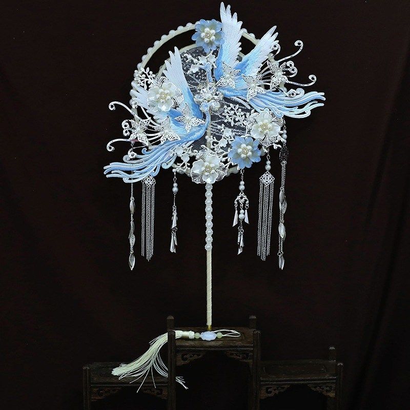 江晚吟新娘结婚团扇蓝色婚纱团扇手捧花喜扇子diy秀禾服高级成品