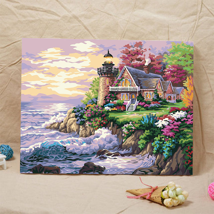 diy数字油画海边风景建筑客厅挂画装饰画海边别墅 40*50*65*75