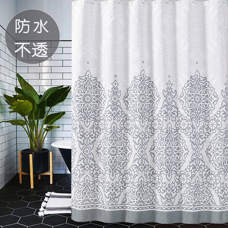 卫生间加厚保暖防水浴帘布浴室免打孔帘子套装洗澡挡水帘隔断拉帘