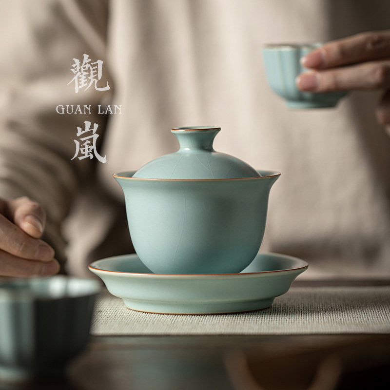 观岚天青汝窑二才盖碗家用单个泡茶不烫手陶瓷盖碗冰裂釉开片可养