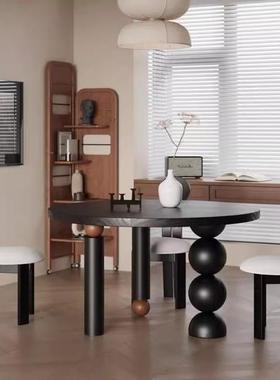 设计中古风黑色圆实木餐桌饭家用小户型桌餐桌法师式复古圆型桌创