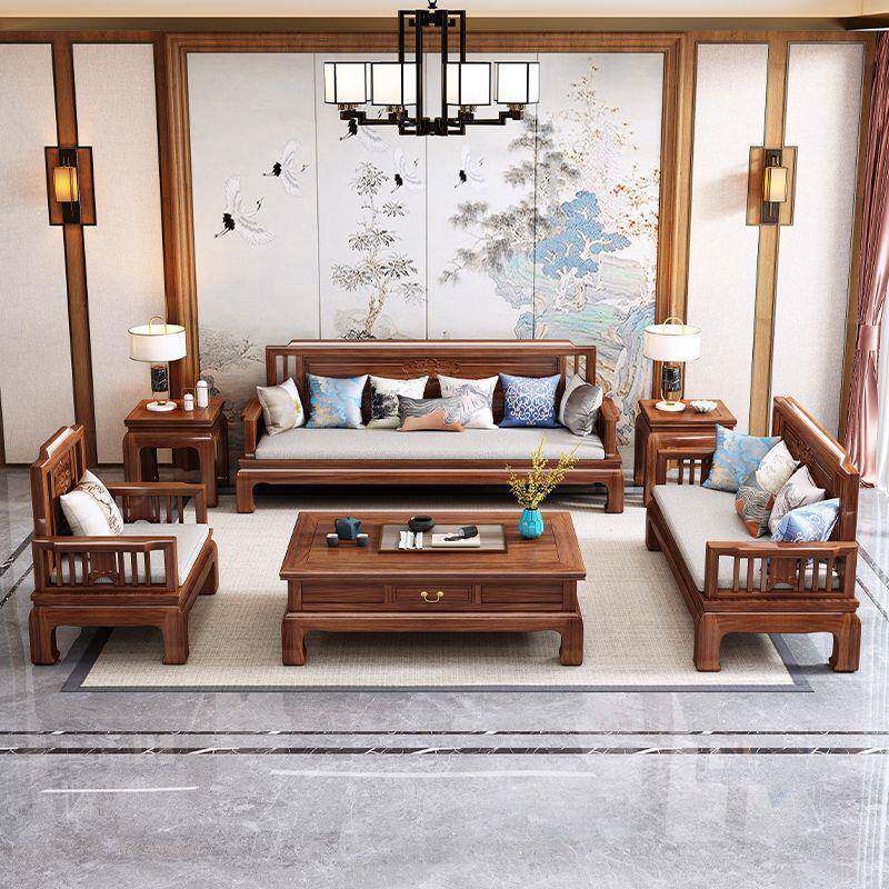 金花用梨LTN奢木新中式实沙木发组合冬夏两仿古雕花菠萝格轻客厅